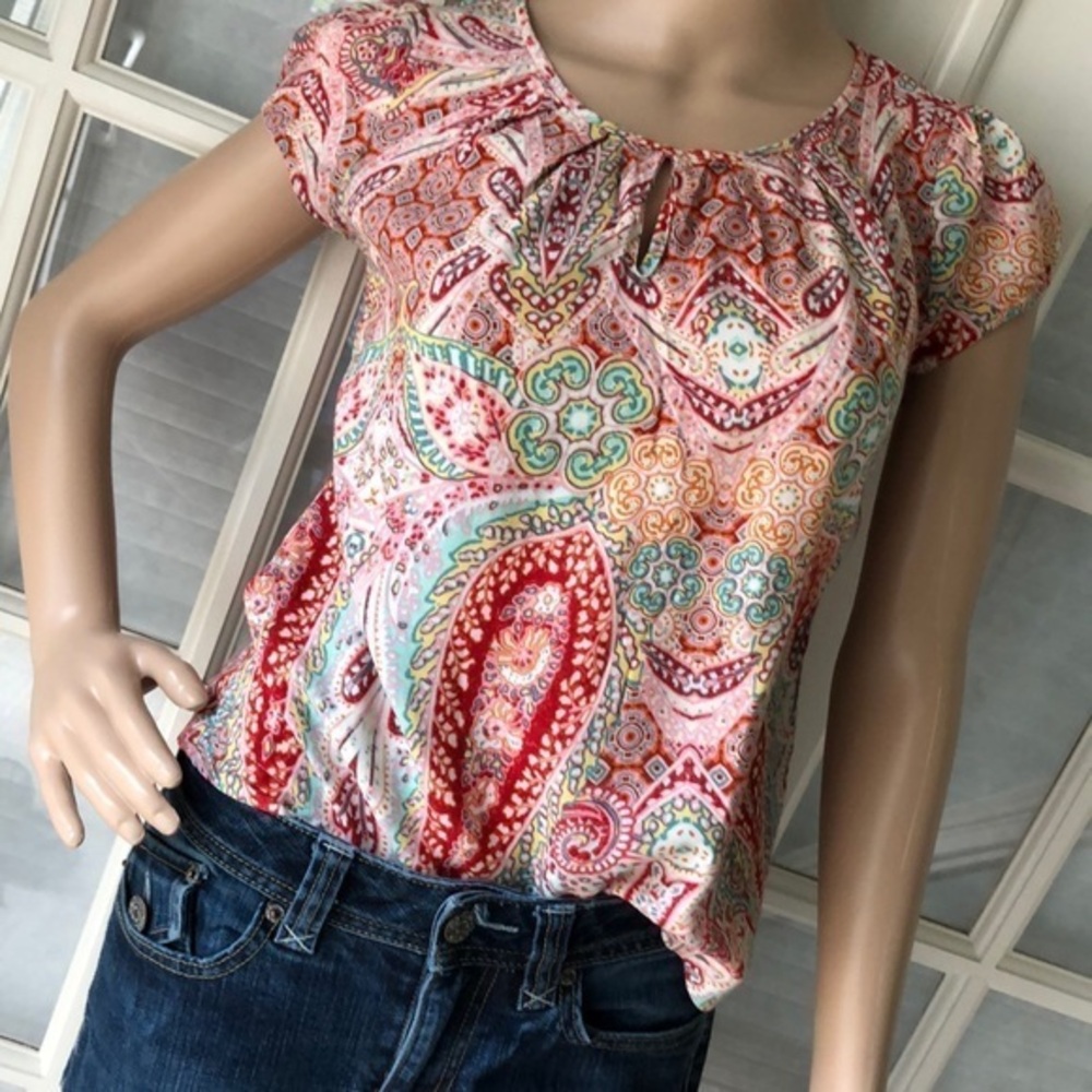 Boho paisley keyhole multi colored cap sleeve top